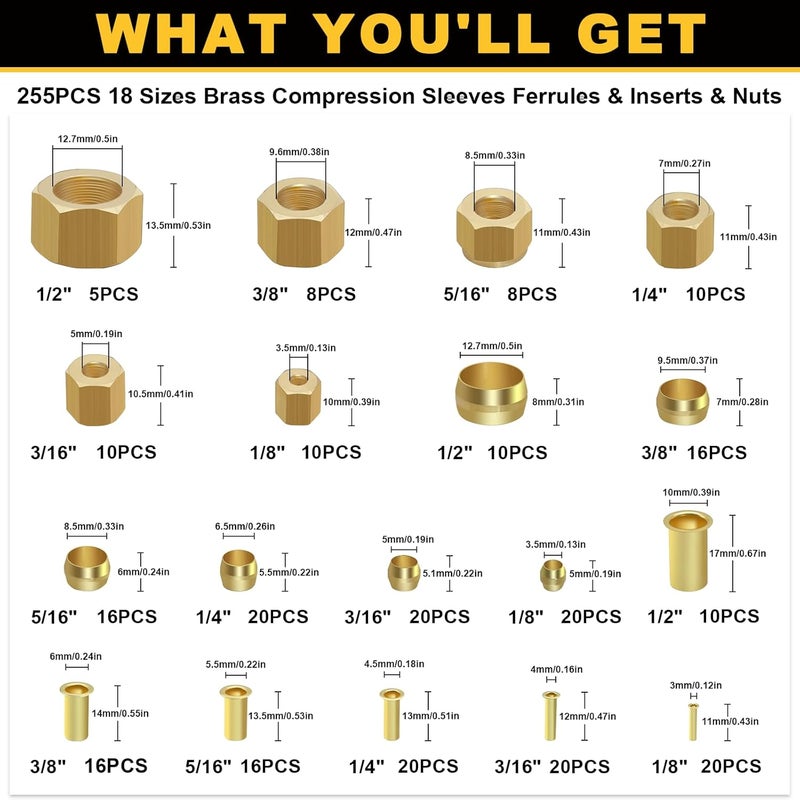 Siptenk 255PCS Brass Compression Sleeves Ferrules Inserts Nuts Fittings for Tube OD 1/2" 3/8" 5/16" 1/4" 3/16" 1/8", 6 Sizes Hose Compression Fitting Brass Ferrule Kit - Image 2